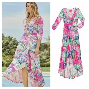 Lilly Pulitzer Dress XS Montague faux Wrap Maxi Razberry Sunset Soiree neon pink